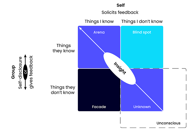 A Johari Window model diagram with further expansion. Additional axes and box. 